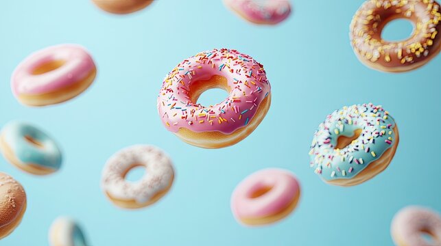 Flying donuts. Mix of multicolored doughnuts on pastel background. Bakery banner