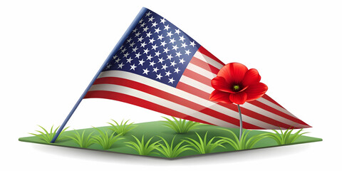 Obraz premium Flat Poppy and Folded American Flag: Serene Vector Illustration Symbolizing Remembrance and Honor for Veterans Day on White Background