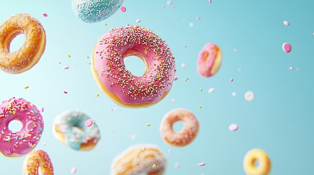 Flying donuts. Mix of multicolored doughnuts on pastel background. Bakery banner