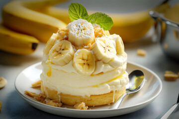 View of nutritious delicious cake cream and ripe banana pudding on a plate