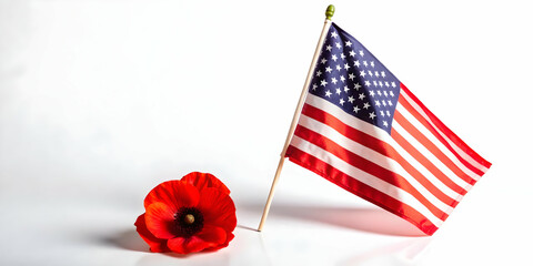 Obraz premium Flat Poppy and Folded American Flag Floating in Peaceful Tribute to Veterans Day - Serene Vector Illustration for Remembrance