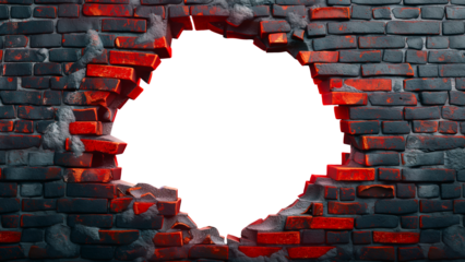 Cracked Brick Wall with Red and Black Tones and Central Hole Isolated on a Transparent Background.