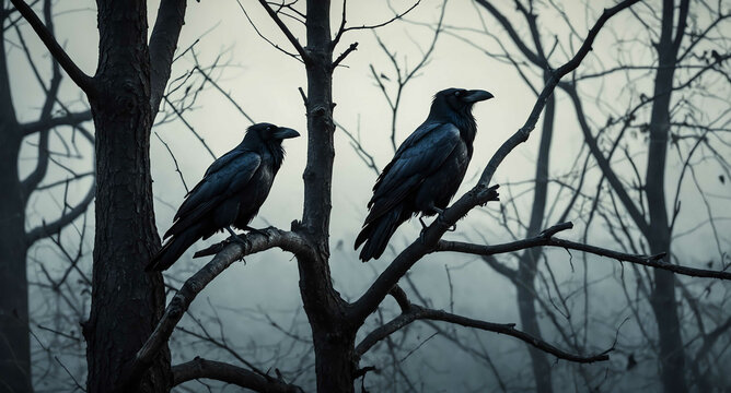 Black ravens perched on spooky tree background