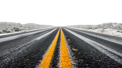 Naklejka premium Long Open Road with Yellow Lines Stretching into the Horizon Isolated on a Transparent Background.