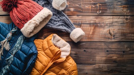 Winter clothing including colorful jackets and knitted hats, arranged on a rustic wooden surface, evoke a cozy and festive feel.