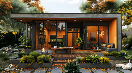 3D Illustration of a Modern House with a Deck and a Garden