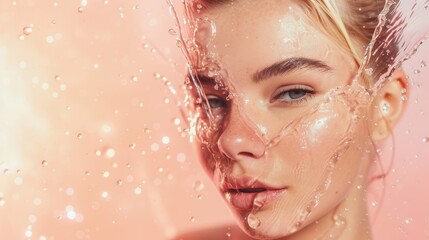 A playful close-up of a woman with water splashing on her face, exuding a sense of energy and youthfulness against a vibrant peach background.