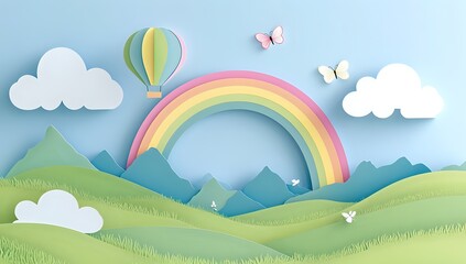 Papercraft Rainbow Landscape with Hot Air Balloon and Butterflies