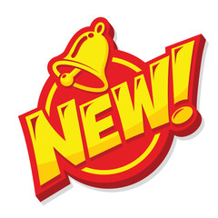 New! Comic speech bubble with bell. Sale, promo, discount, arrival lettering element with sound effect of color phrase. Vector on transparent background