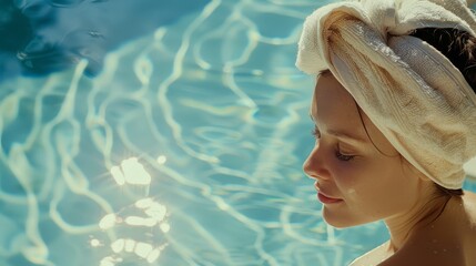 A woman with a towel wrapped around her head basks in the serene ambiance of a light blue swimming pool, her face reflecting tranquility and relaxation.