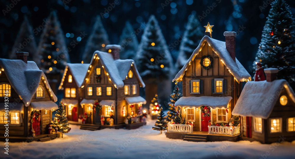 Canvas Prints Christmas village display with twinkling lights background