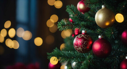 Obraz premium Christmas tree with glowing ornaments background