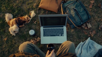A person working on a laptop outdoors with a small dog during a sunny afternoon surrounded by bags and a warm beverage