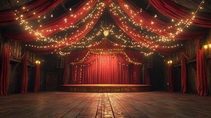 Empty Stage with Red Curtains and Fairy Lights