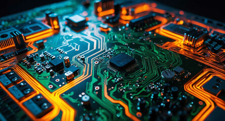 Obraz premium Circuit board with glowing paths abstract background