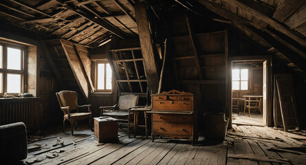 Obraz premium Cobwebbed attic filled with old furniture background