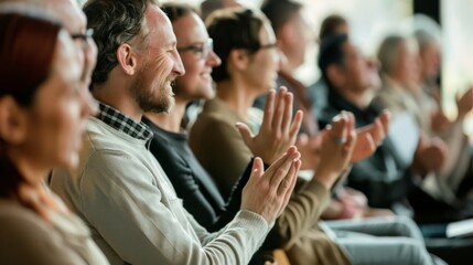 A cheerful group of people in an auditorium applauding, capturing the lively atmosphere and community spirit at a public event.