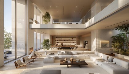 A spacious open-plan living room design mockup, showcasing modern living with ultra sharp details