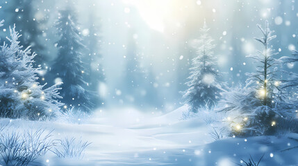 Festive christmas natural snowy background, abstract empty stage, snow, snowdrift and defocused christmas lights in forest on light blue background, copy space. Snowy Forest. Illustration