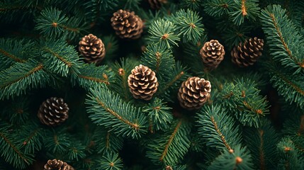 Close-up of evergreen pine branches, vibrant green needles, dense foliage, pine cones scattered throughout, dark background, high detail, nature photography.