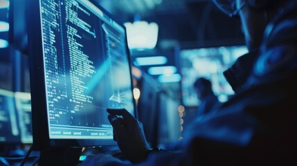 A focused image of a computer programmer working with code displayed on multiple monitors in a dimly lit, high-tech workspace.
