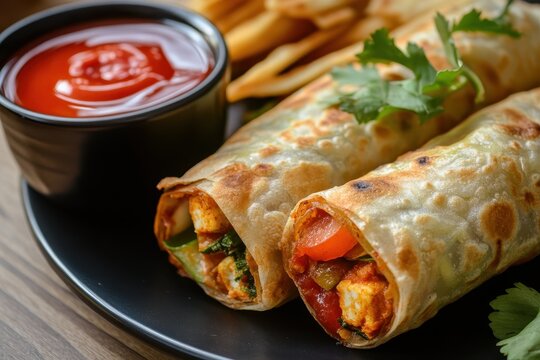 Paneer and Vegetable wrap known as Franky served with ketchup