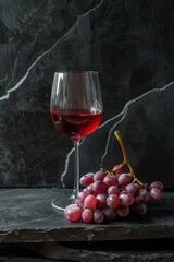 An ultra sharp photo of a glass of dry red wine and a bunch of purple grapes on a dark stone table