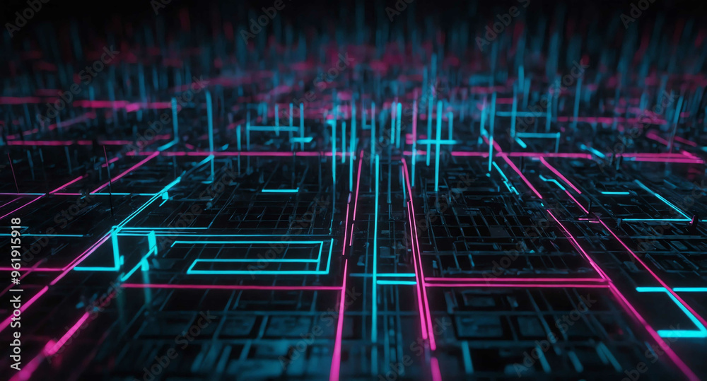 Poster Cyber grid with neon lines abstract background