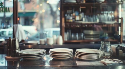 A cozy café setting with neatly stacked plates on a counter, offering a warm, inviting ambiance filled with the promise of delicious meals and friendly chatter.