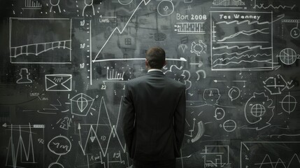 A man in a suit examines complex financial charts on a blackboard, representing serious analysis and business strategy planning.