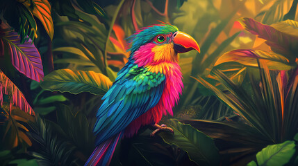 Obraz premium Generate a colorful digital illustration of a tropical bird with iridescent feathers in a lush jungle setting. Lush Jungle. Illustration
