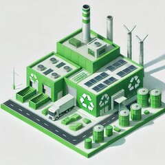ustainable factory with recycling symbols and renewable energy