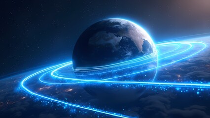 Fototapeta premium Captivating Space Landscape Radiant Blue Energy Streams Spiraling Around Planet in Starry Sky