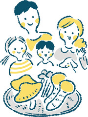 きのこを見て喜ぶ笑顔の4人家族の手描きイラスト