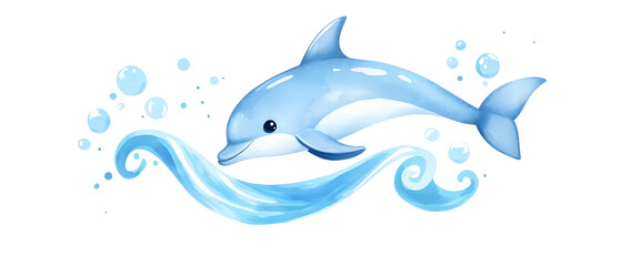 Naklejka premium Cute Cartoon Dolphin Jumping Through Water with Bubbles