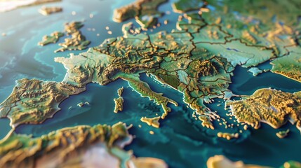 A detailed 3D relief map featuring various European countries, their topography highlighted under soft lighting.