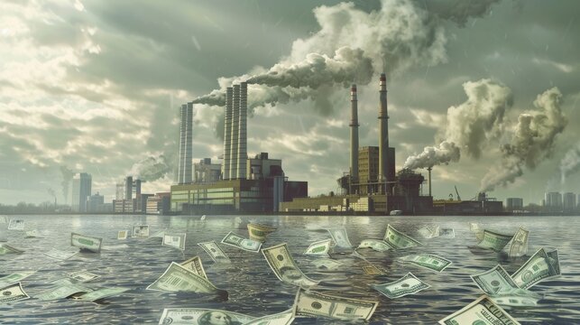 Clouds of industrial smoke rise above a city skyline, while dollar bills float on the polluted water, symbolizing environmental and economic commentary.