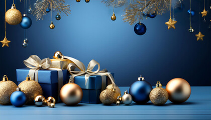  An elegant Christmas scene with blue and gold ornaments and gift boxes. _1(302)