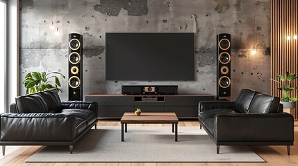 A living room with a large TV, black leather sofas and a wooden coffee table.