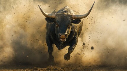 An enraged bull charges forward through a cloud of smoke and dust, its muscles rippling as it barrels ahead with unstoppable force