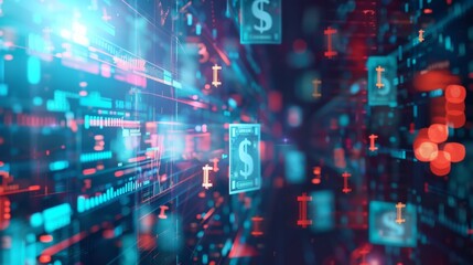 A digital interface with floating dollar symbols and dynamic data streams signifies the modern financial market's complexity and constant change.