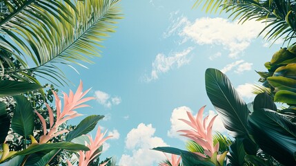 Tropical Paradise - Palm Leaves and Pink Flowers Against a Blue Sky