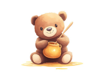 Obraz premium Cute Cartoon Bear Holding Honey Pot and Dipper