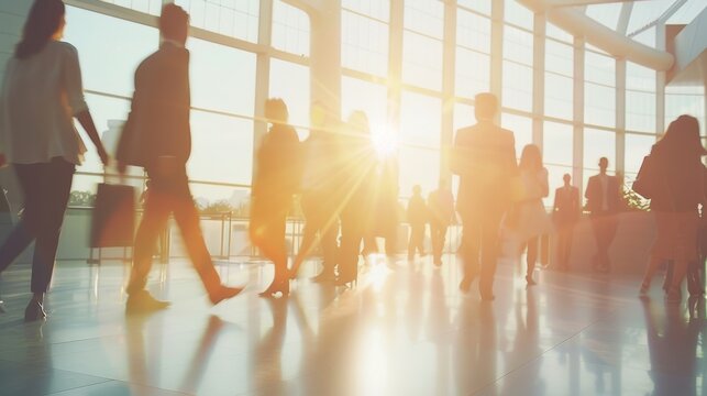 A blurred scene of people walking through a sunlit modern hallway, with sunlight streaming through large windows, creating a busy yet warm, uplifting atmosphere.