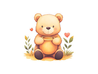 Cute Cartoon Bear Holding Honey Pot Illustration