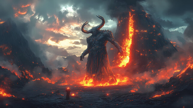 Giant demon statue summoning fire portals in a volcanic landscape. Volcanic Landscape. Illustration