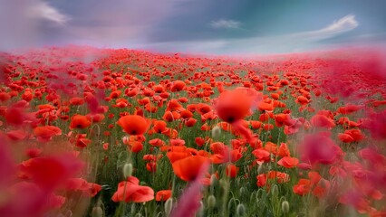 Blurred and defocused image of red beautiful poppies bloom, poppy red flowers meadow