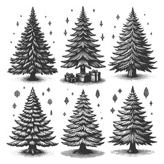 Obraz premium Set collection of Christmas trees, unique designs and festive decorations, vintage holiday sketch engraving generative ai vector illustration. Scratch board imitation. Black and white image.