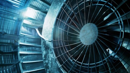 The close-up of a large industrial fan captures the intricate details of its blades and metal framework, reflecting the harsh, cold atmosphere of an industrial setting.