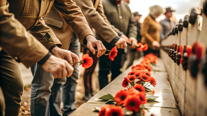 Veterans Day Remembrance: Candid Low-Angle Shot of Veterans Placing Wreath with Emotional Expressions - Flat Vector Illustration
